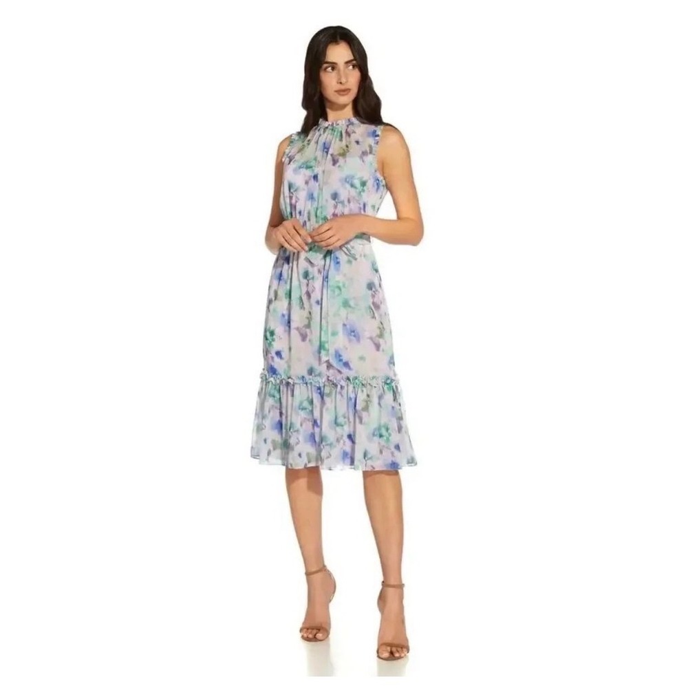 Adrianna Papell Watercolor Chiffon Midi Dress Blue Floral Ruffle Size 8 NWT